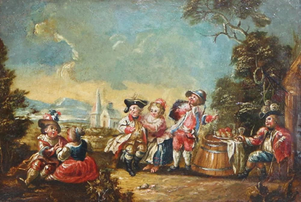  95-Faustino Bocchi-Paesaggio con baldoria bambini soldato prussiani o nani 